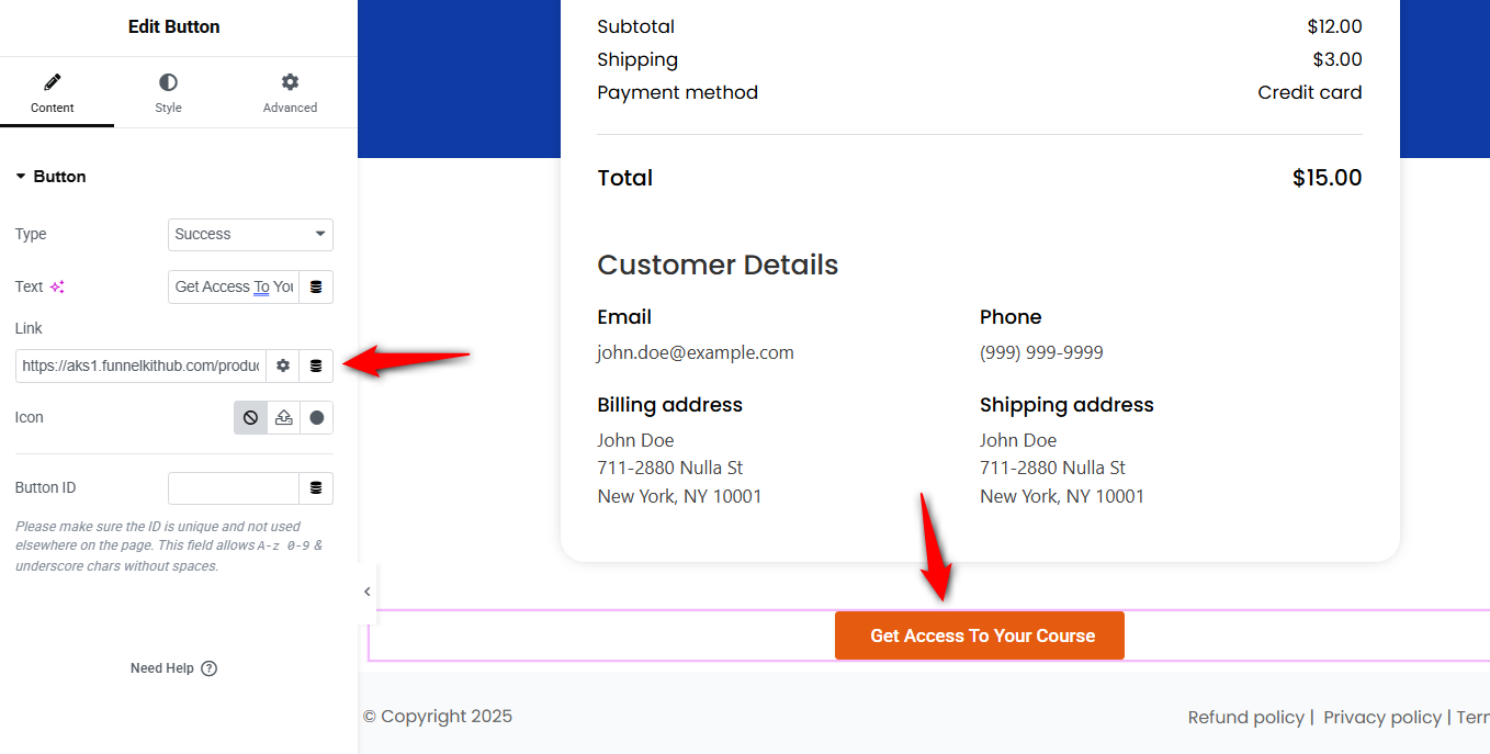 Hyperlink to the LearnDash WooCommerce course on the thank you page button