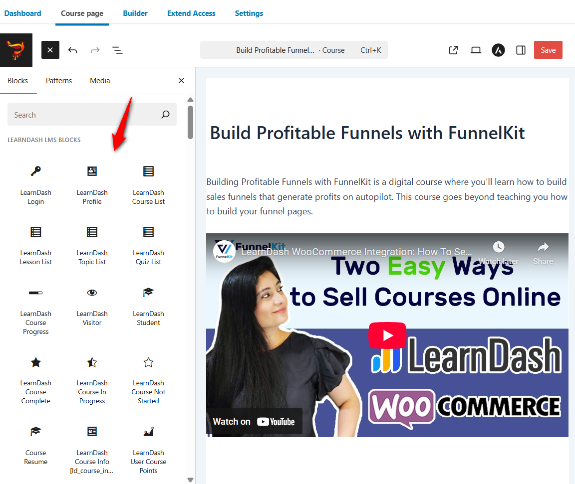 LearnDash LMS offers various Gutenberg blocks to design your course page in WordPress