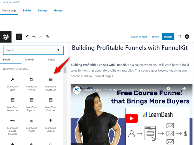LearnDash LMS offers various gutenberg blocks to design your course page in WordPress