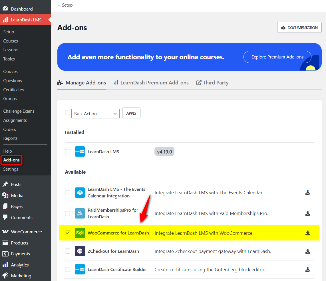 Install the WooCommerce for LearnDash add-on - this is how you can integrate LearnDash LMS with WooCommerce