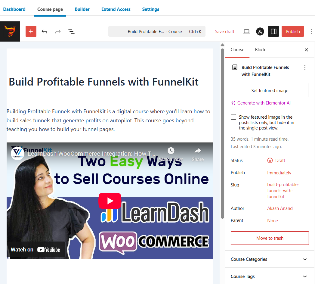 Enter the course title and description of LearnDash WooCommerce course