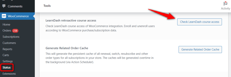 LearnDash retroactive course access in WooCommerce logs