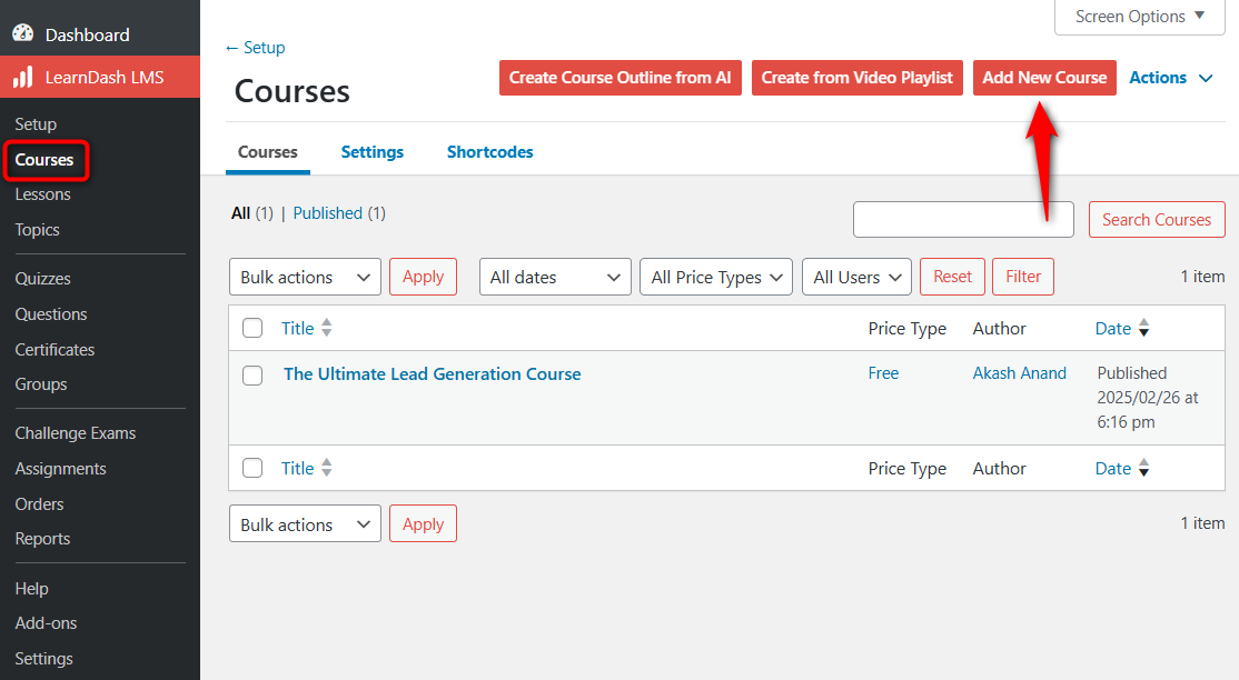 Go to LearnDash courses and click on Add New Course.