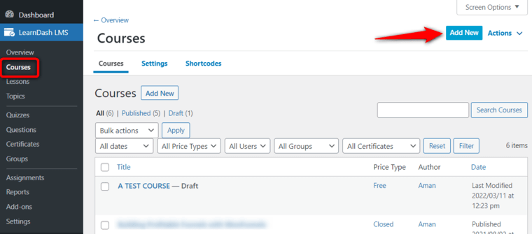 Go to LearnDash courses and click on Add New.