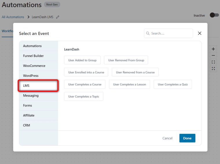 LearnDash events in FunnelKit Automations