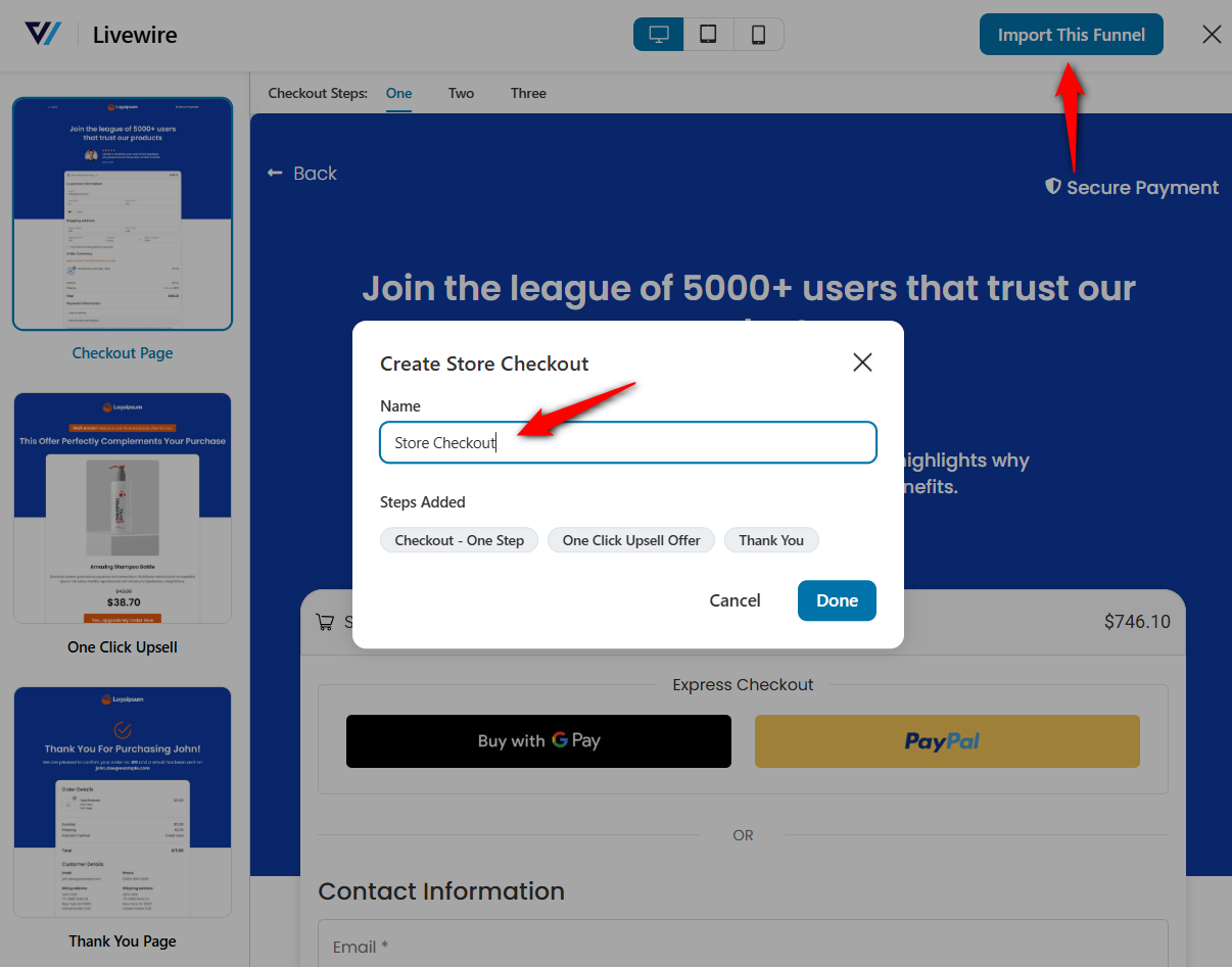Name your store checkout and import the funnel
