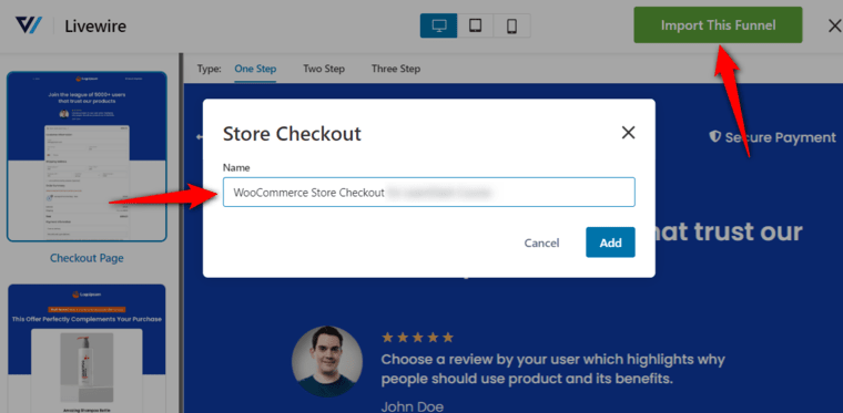 Name your store checkout and import the funnel