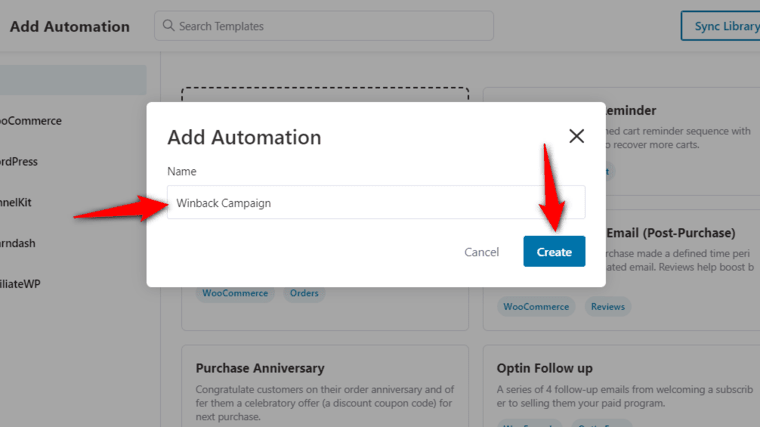 Enter a name for your automation - winback campaign