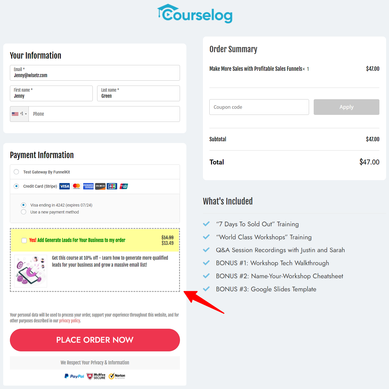 Order bump preview on the woocommerce checkout page