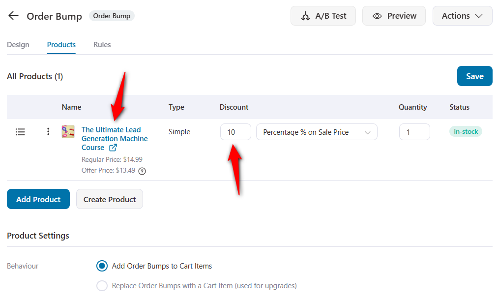 Set compelling offers by assigning the product as order bump and specifying the discount