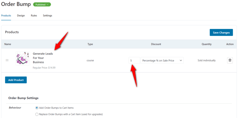 Set compelling offers by assigning the product as order bump and specifying the discount