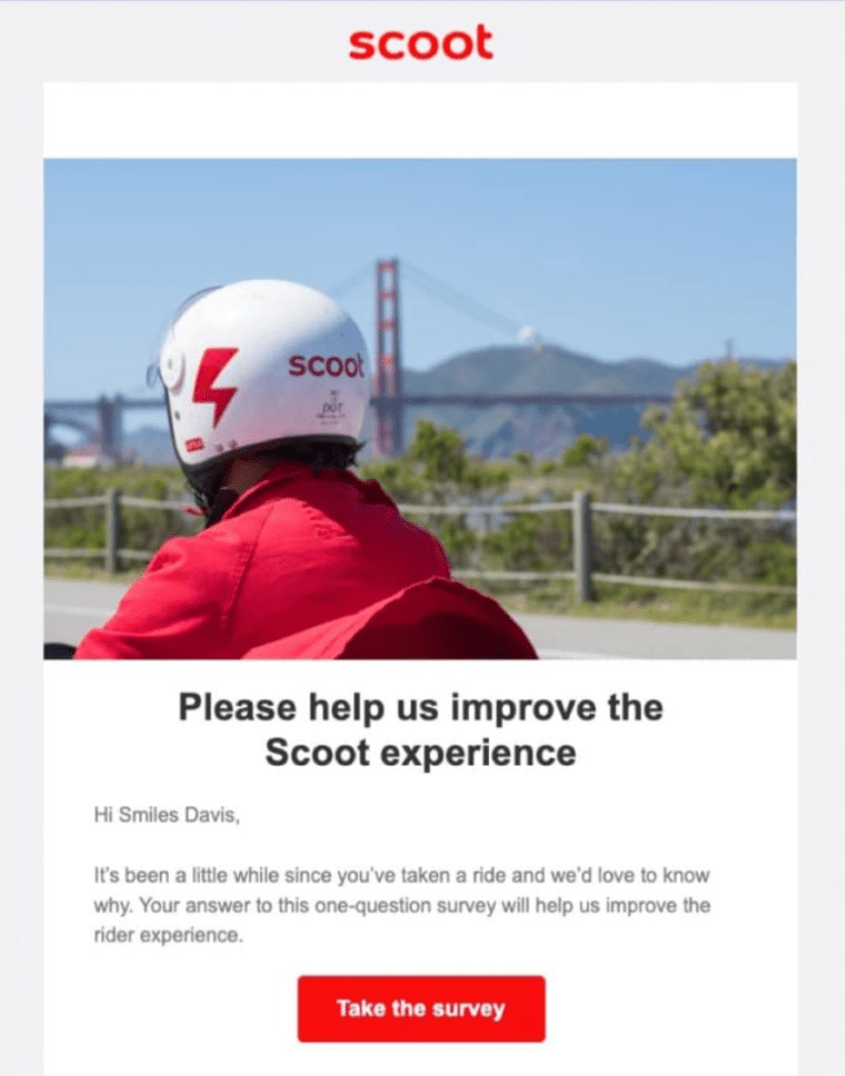 Feedback winback campaign email from Scoot