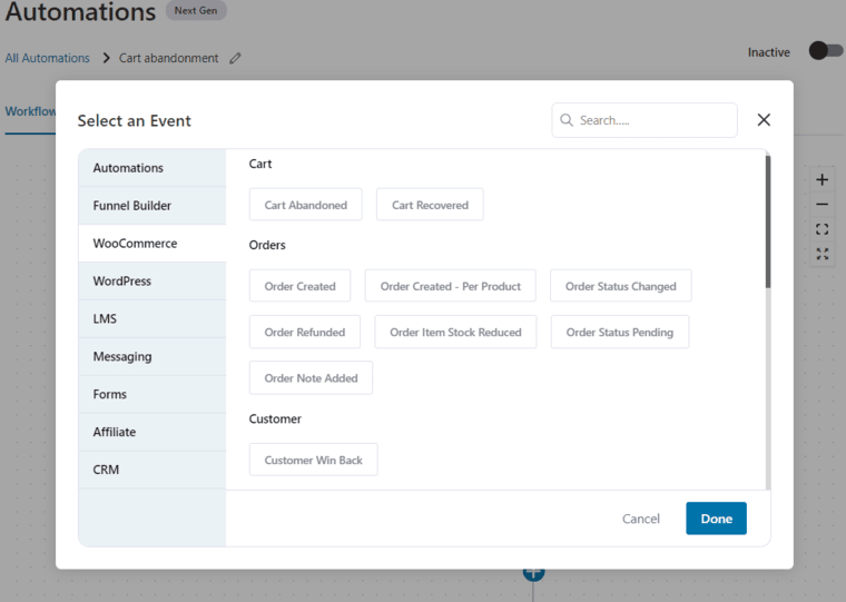 Select automation event to trigger 