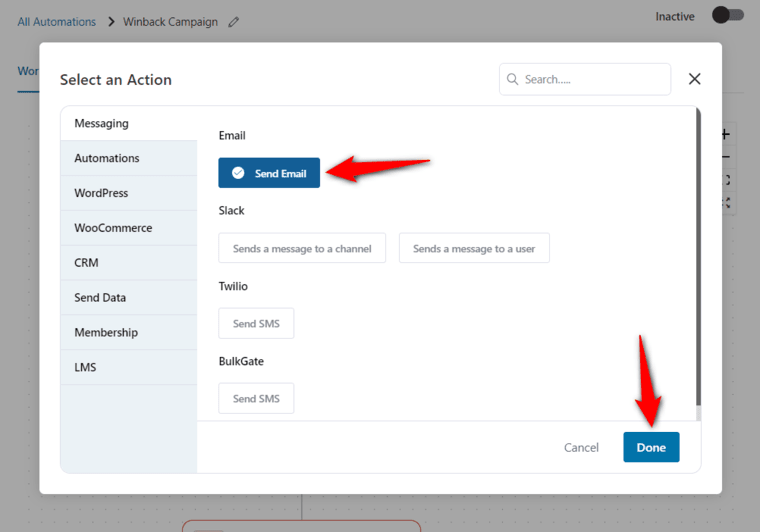 Add a send email action to your winback workflow