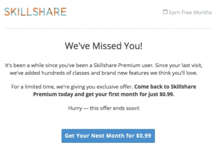 Winback email example from Skillshare