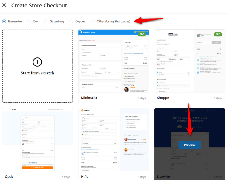 Direct to the templates page - choose the template you like and select the page builder you want to customize your store checkout funnel with.