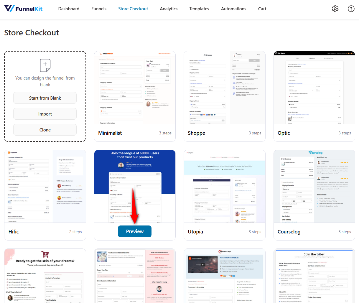 Direct to the templates page - choose the template you like and select the page builder you want to customize your store checkout funnel with.