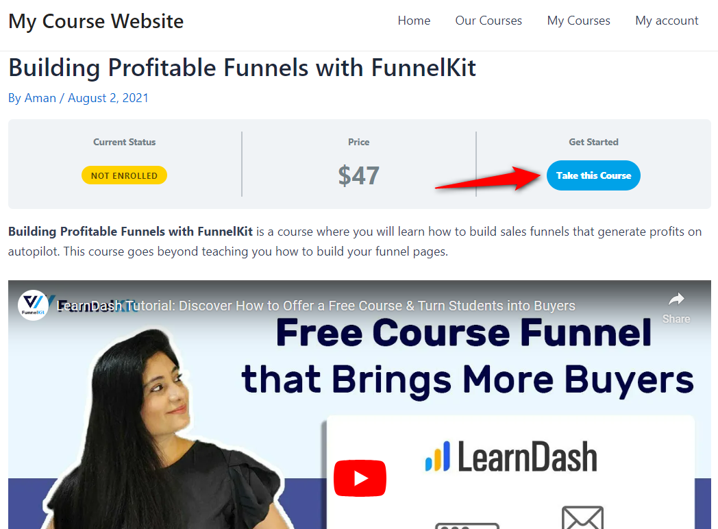 Test run your store checkout flow - preview the course product and click on take this course