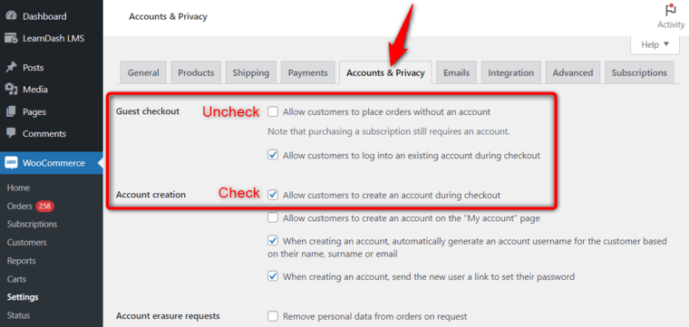 Configure woocommerce settings to guest checkout and account creation