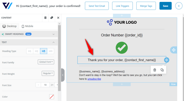 WooCommerce Email Customizer - Add the text block and customize it