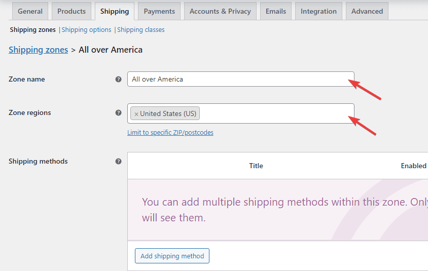 add united states shipping zone and name