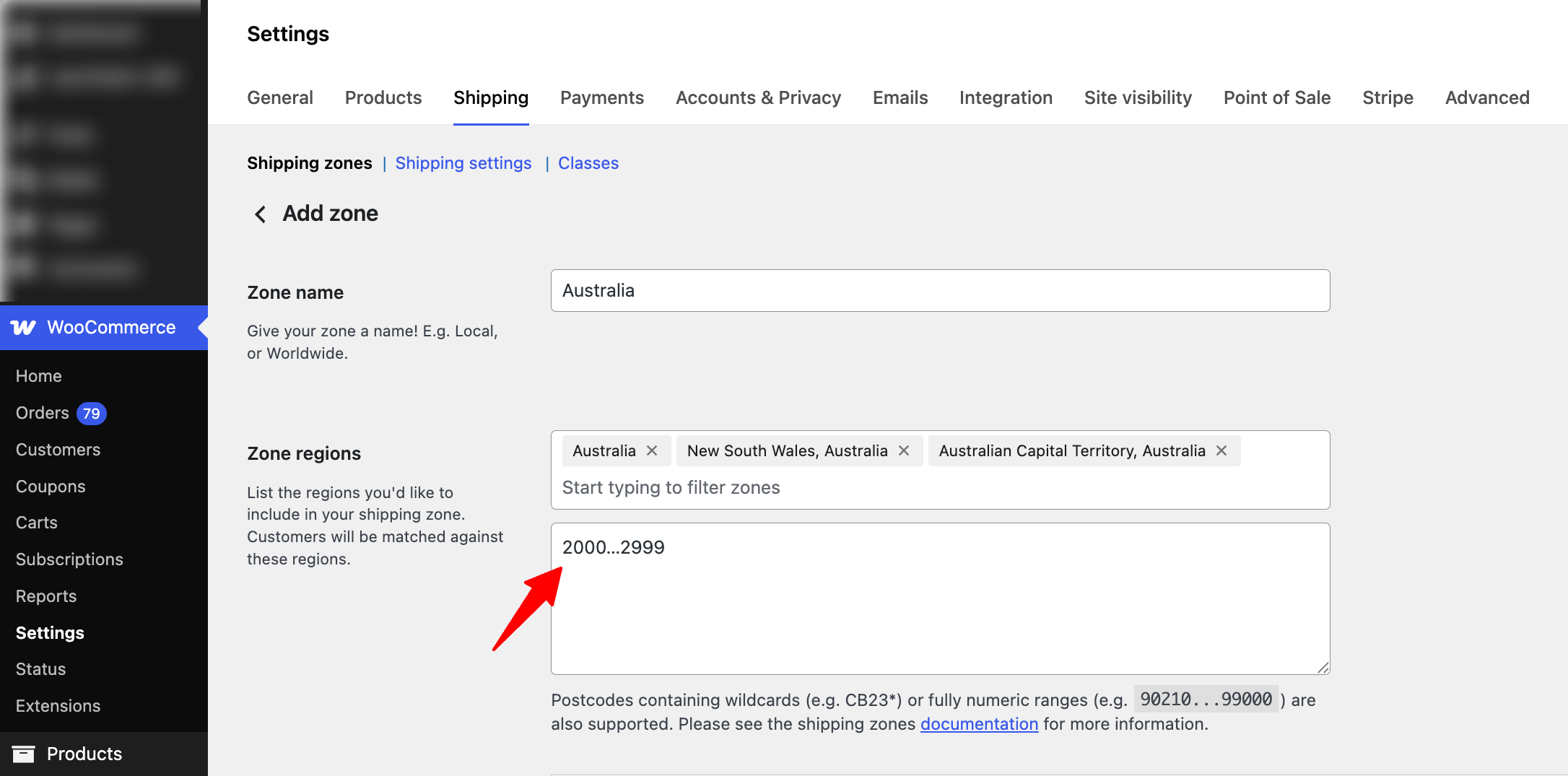 add zip code to create shipping zone in WooCommerce