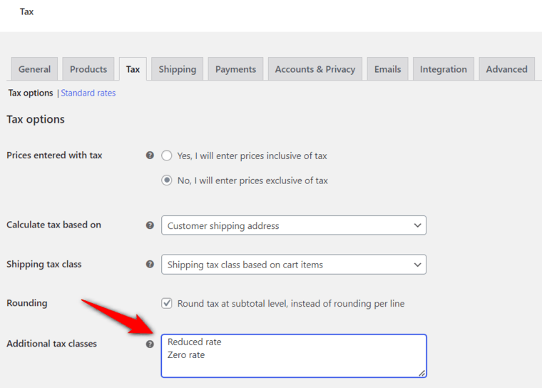 Enter additional tax classes in woocommerce taxes settings