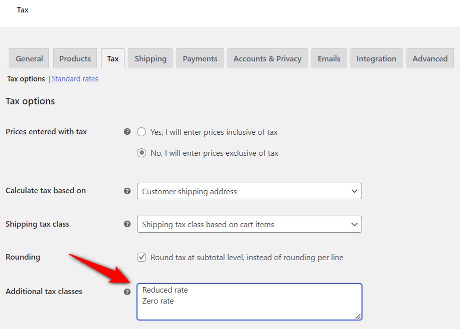 Enter additional tax classes in woocommerce taxes settings