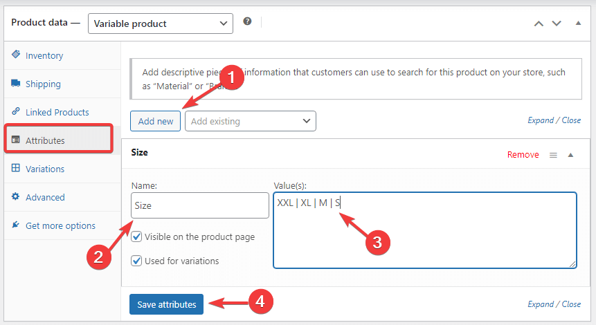 attribute for variable product