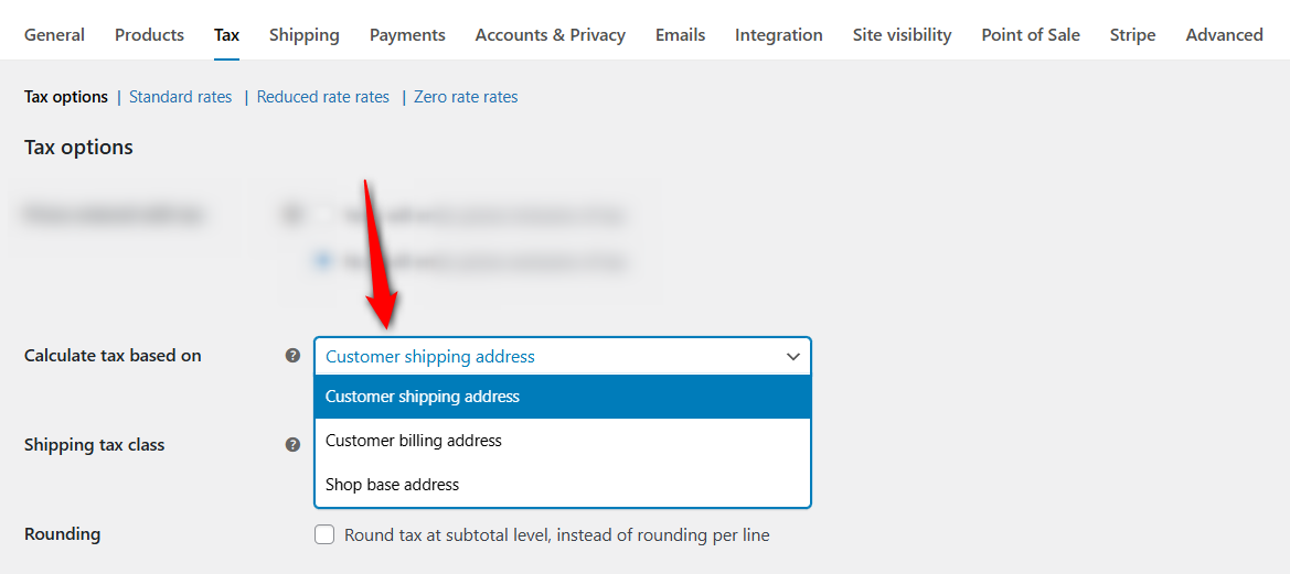 Choose the tax calculations based on customer shipping and billing address, shop base address