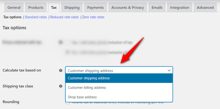 Choose the tax calculations based on customer shipping and billing address, shop base address