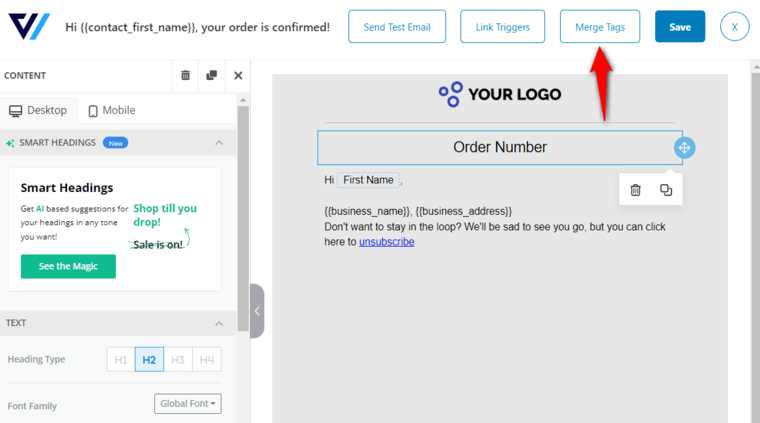 WooCommerce Email Customizer - go to Merge Tags