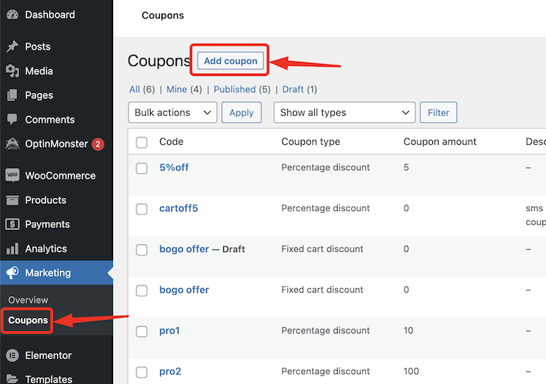 click on add coupon WooCommerce