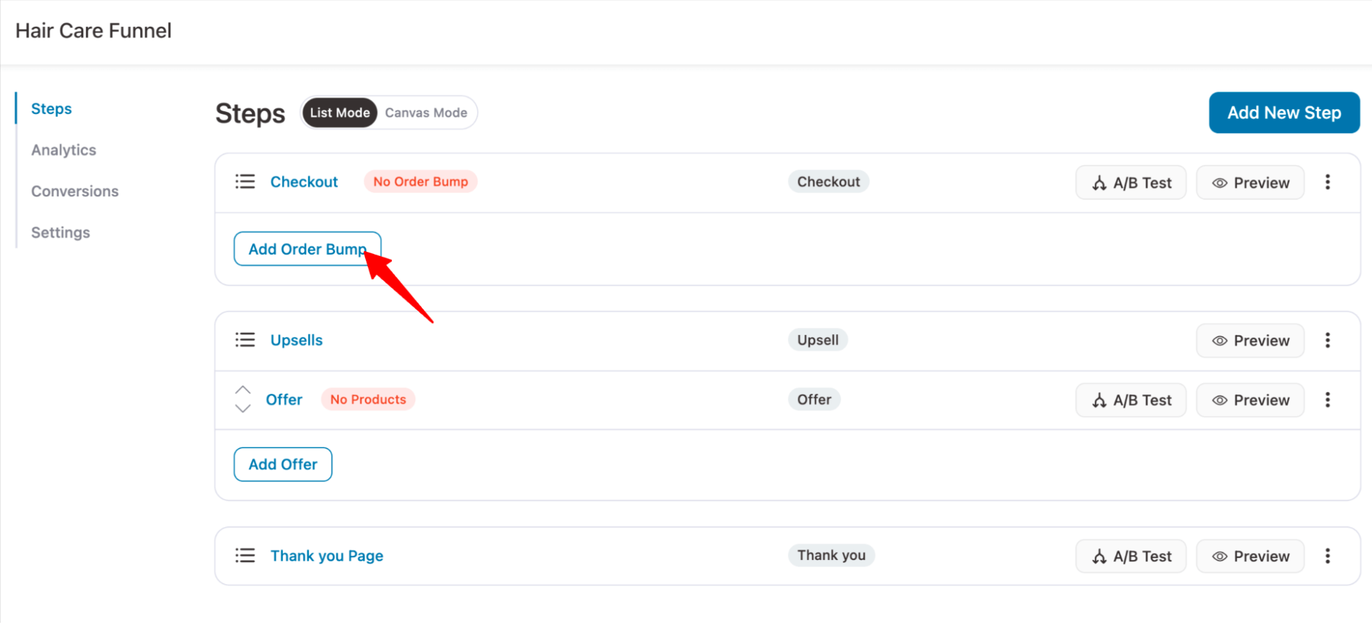 click on add order bump hair care funnel