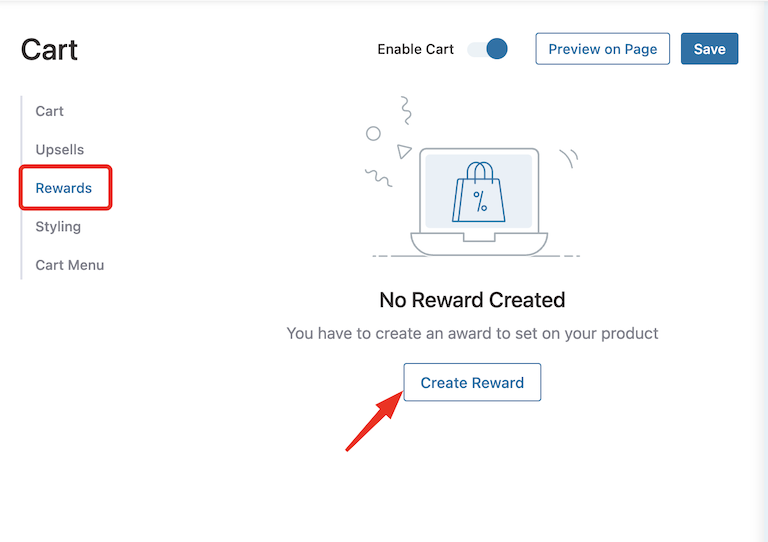 click on create reward to offer auto apply coupon woocommerce based on cart total
