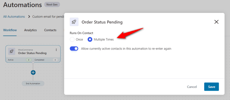 Configure your event trigger for automation runs on a contact to help set up woocommerce order notification email