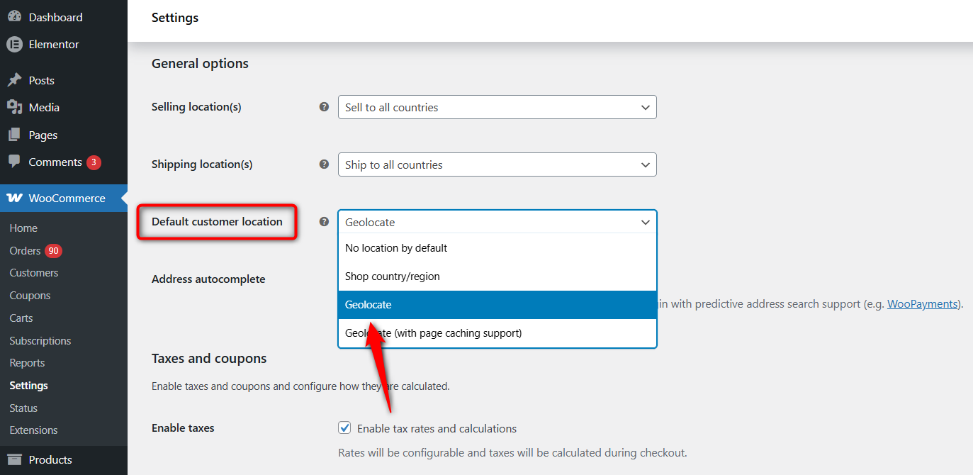 Set the default customer location to geolocate