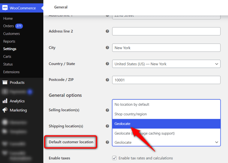 Set the default customer location to geolocate