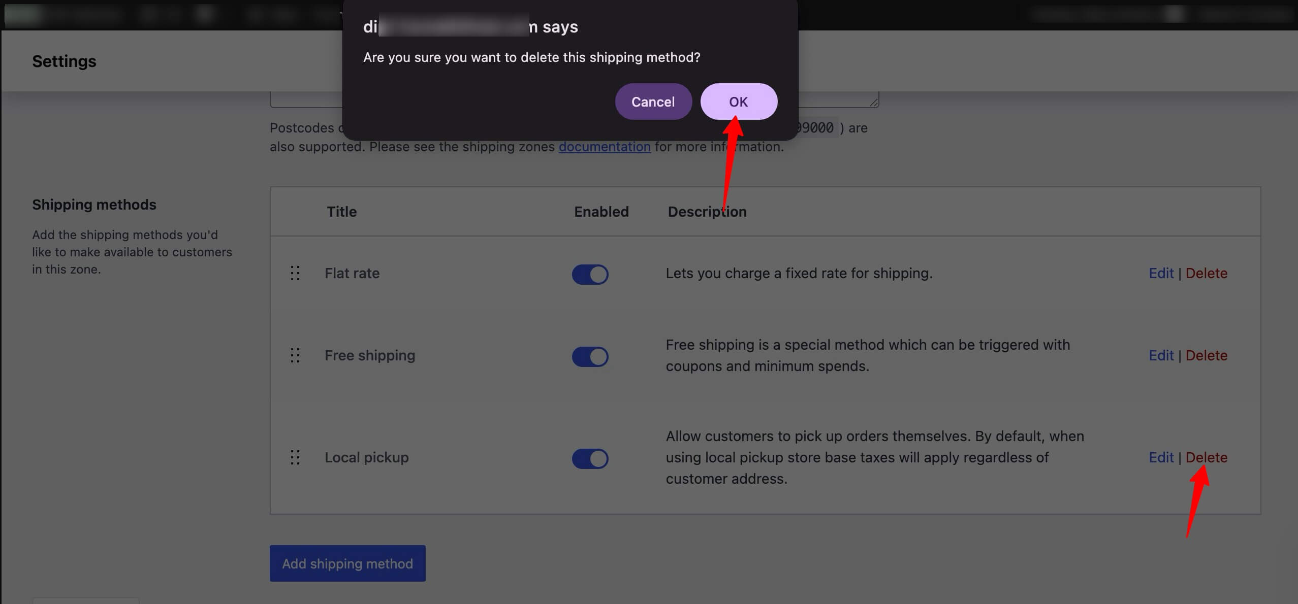 delete shipping method