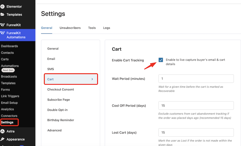 enable cart tracking for cart abandonment