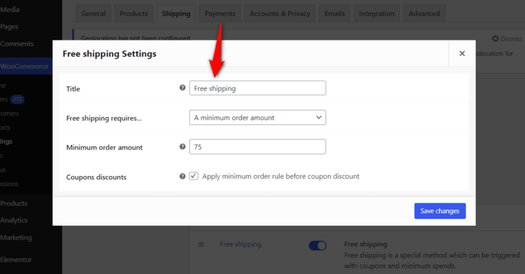 Specify the minimum order amount to enable the WooCommerce free shipping method in that zone
