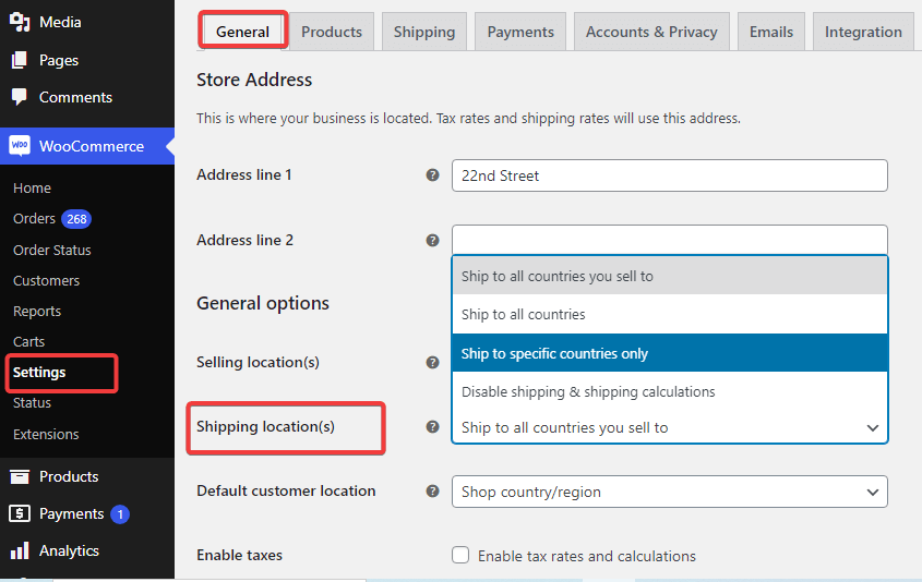 must ensure the Shipping Location is not set toDisable Shipping and Shipping calculations.