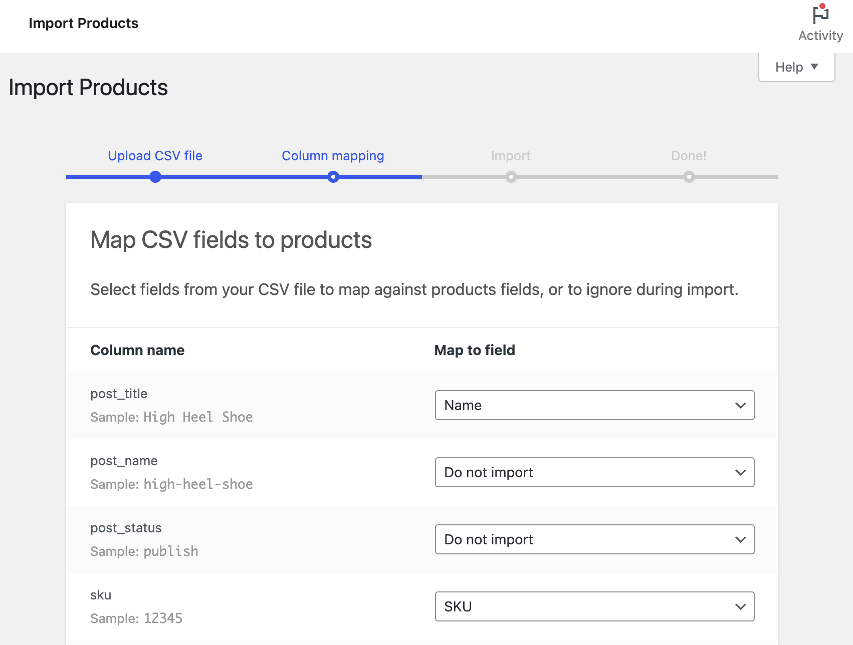 import products using csv