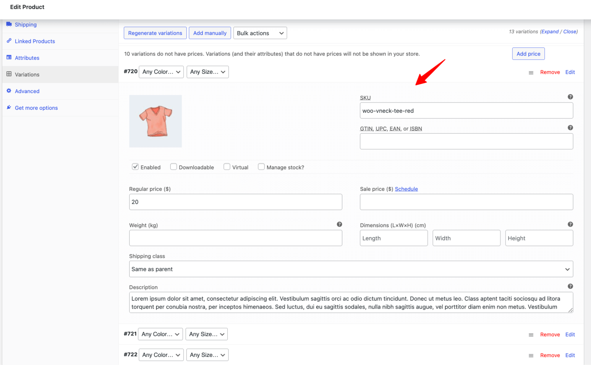manage variable products