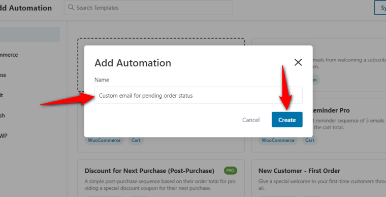 Name your automation as woocommerce order notification email for pending order status