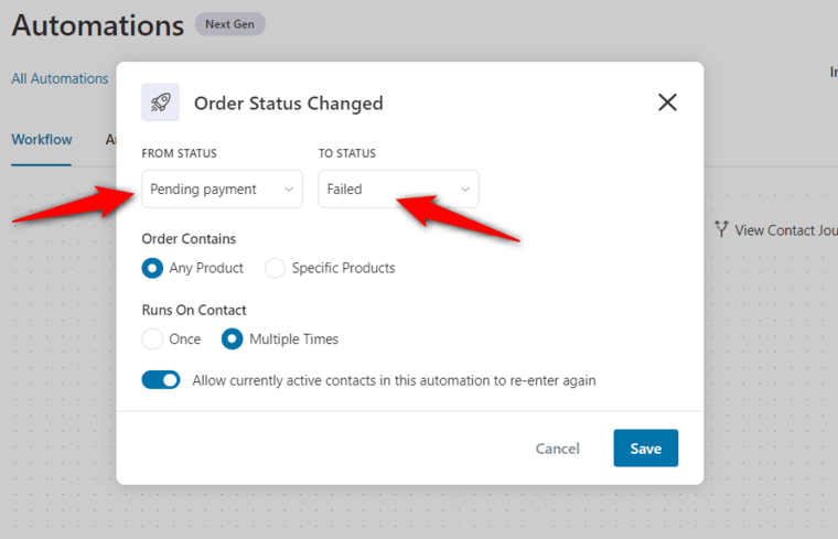 Specify the from status - pending and to status - failed for your woocommerce order notification emails
