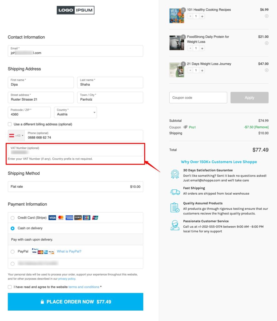 preview vat number in checkout field