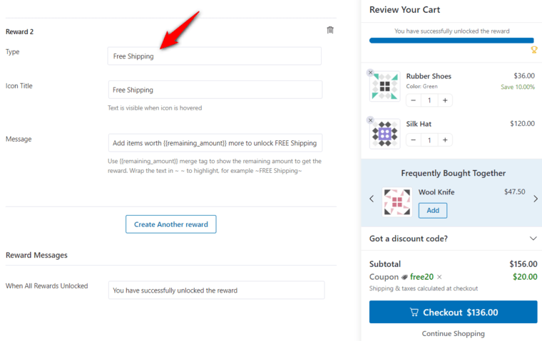 Create the second reward - free shipping woocommerce cart discount reward