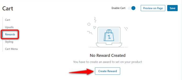 Go to the rewards section in FunnelKit Cart and hit the create reward button