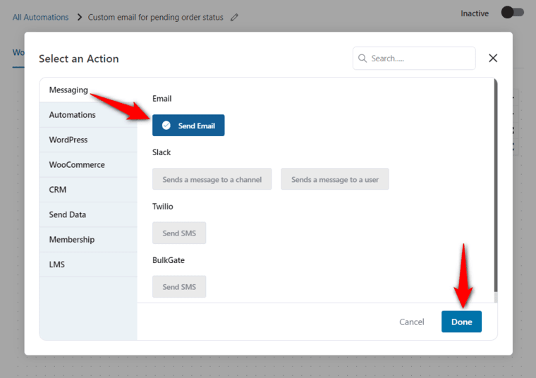 Specify the send email action to your woocommerce order notification email automated sequence